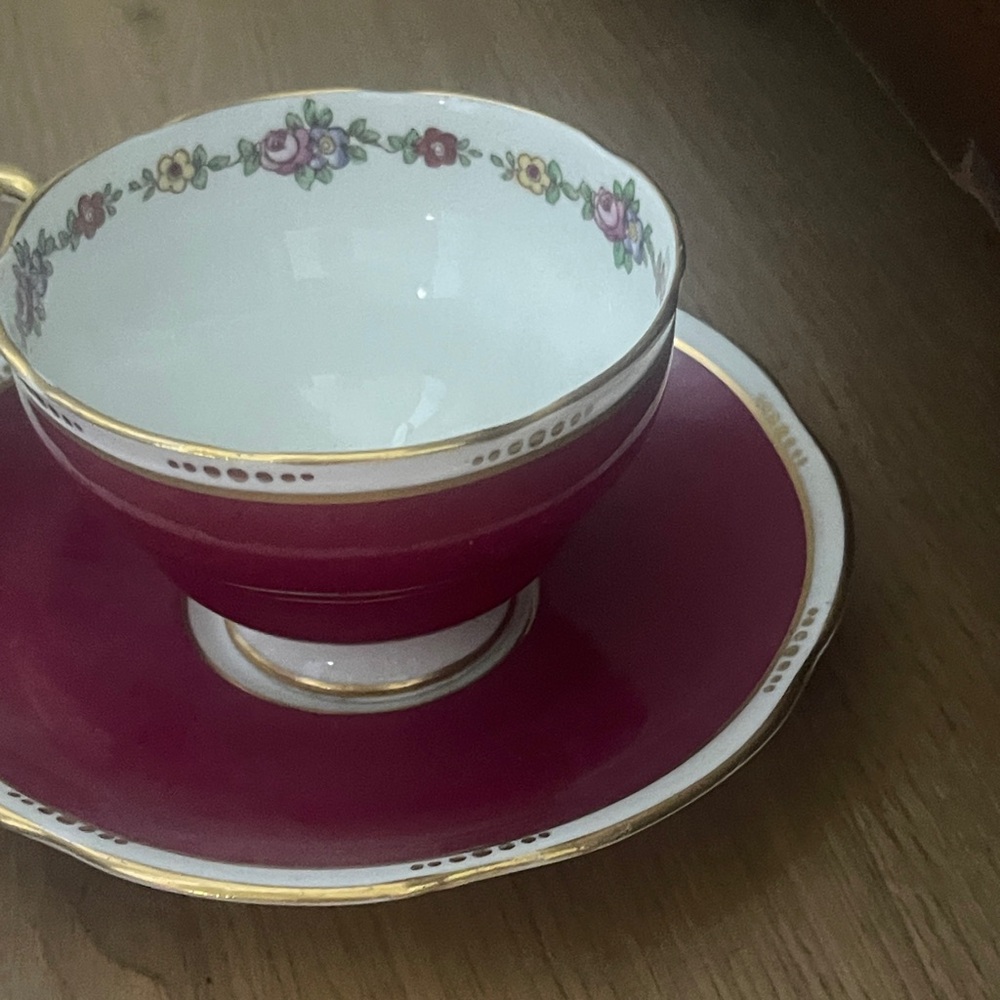 Elegant Burgundy and Gold Floral Teacup and Saucer